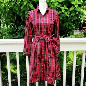 J CREW Red Tartan Plaid Tie Waist Shirt Dress